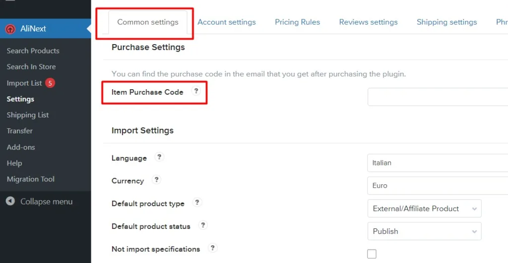 Add alinext purchase code