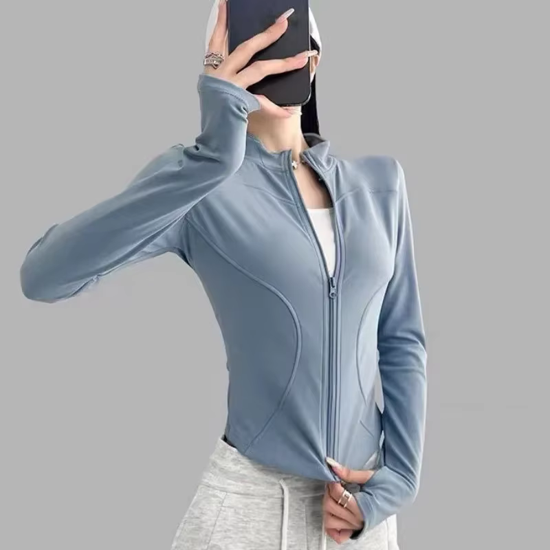 Women zip fitness clothes long sleeve sports jacket with pockets yoga shirt quick dry gym top