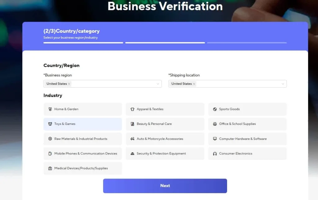 Aliexpress business center choose country and categoryr optimized