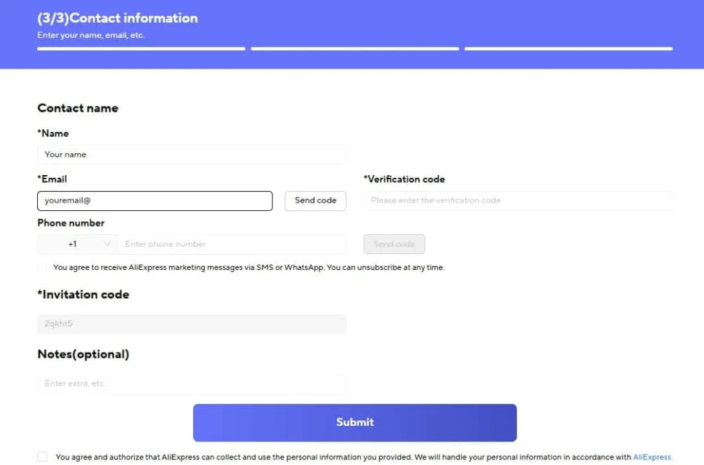 Aliexpress business center fill contact information optimized