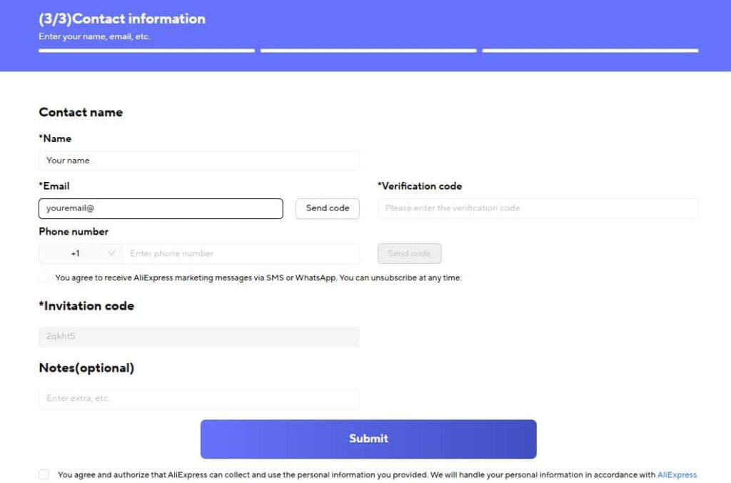 Aliexpress business center fill contact information optimized