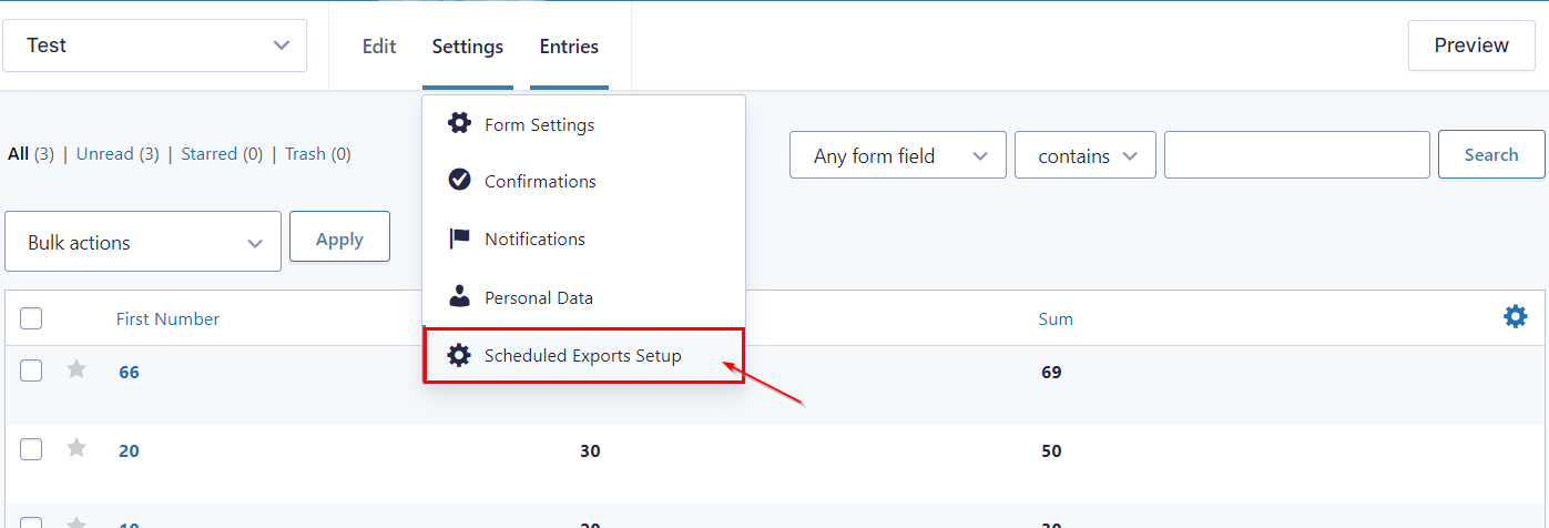 Where is export entries tab